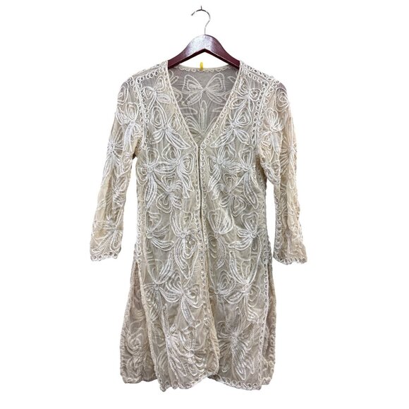 Tops - Elegant Beige Embroidered Sheer 3/4 Sleeve Open Front Cover Up Cardigan
